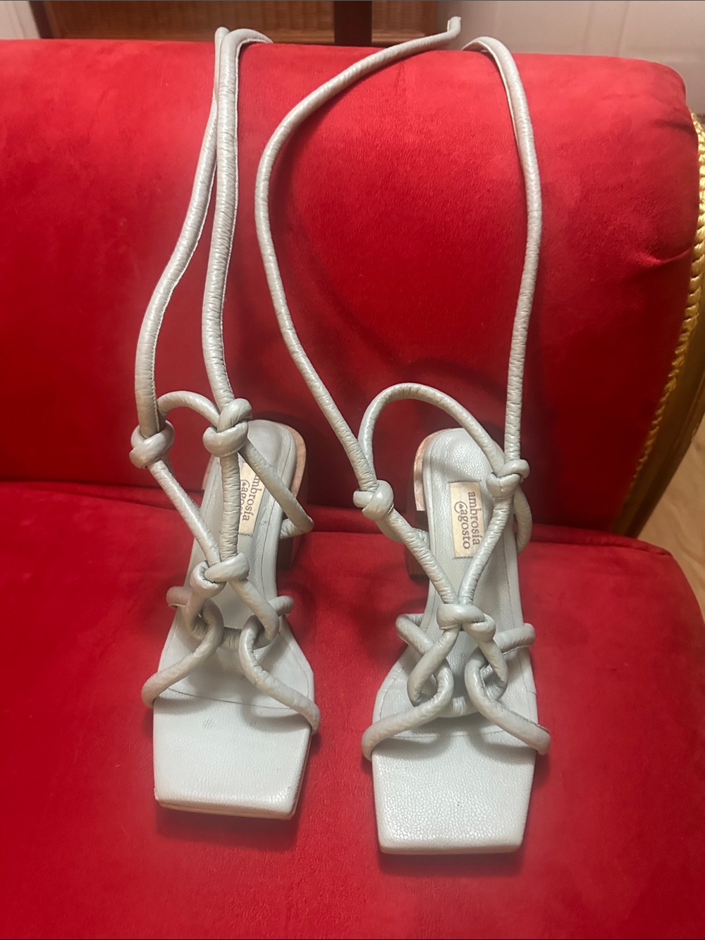 Knotted Strappy Heeled Sandals in Light Silver genuine Leather